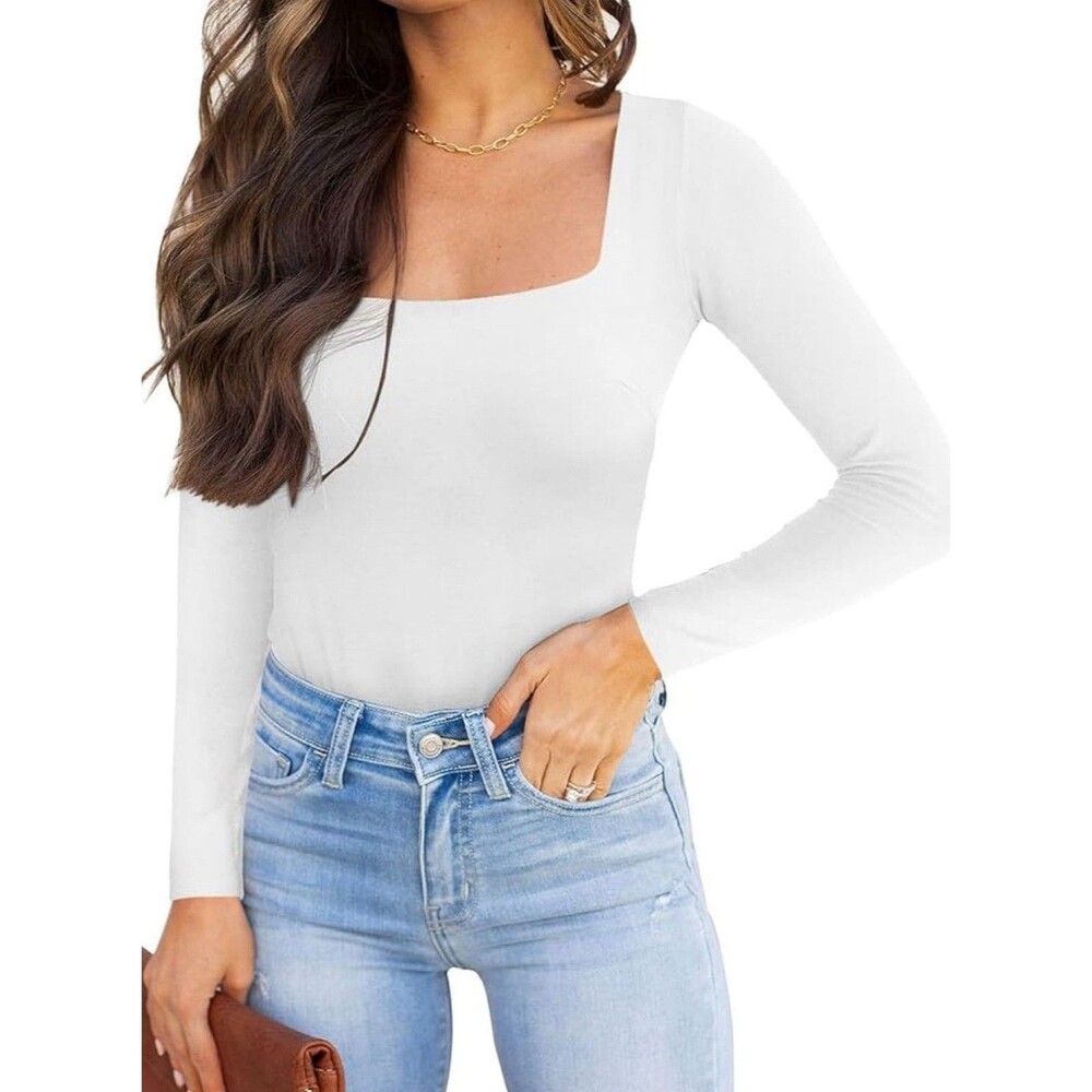 REORIA Womens Basic Sexy Square Neck Double Lined Long Sleeve